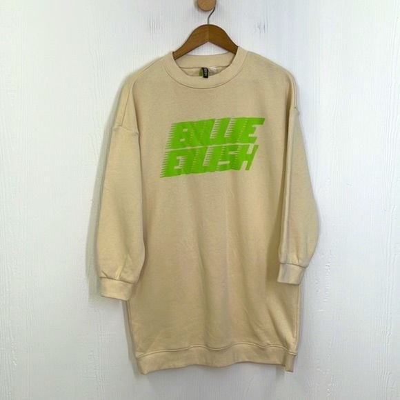 H&M - Billie Eilish Lime Green Graphic Tan Long Sleeve Sweatshirt Dress Size SM - Picture 6 of 11